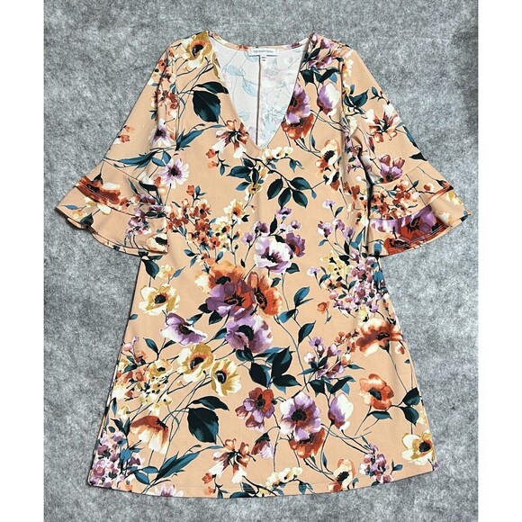 The Vanity Room Dress Women’s XL Orange Shift Midi Floral 3/4 Ruffle Bell Sleeve - Picture 1 of 17